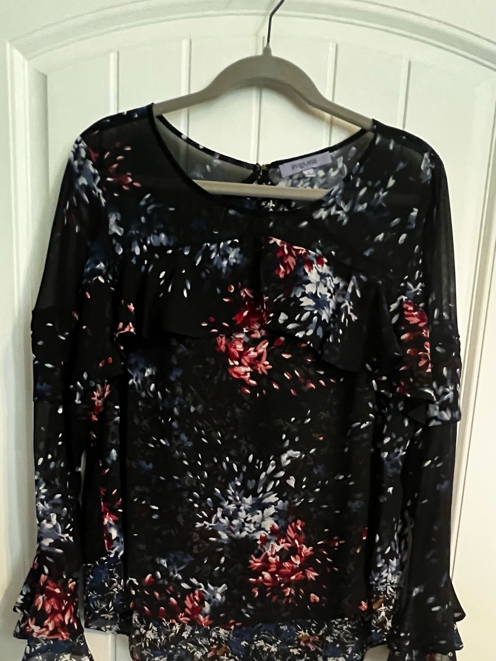 Premise Black Floral Ruffle Blouse with Red & Blue Blooms